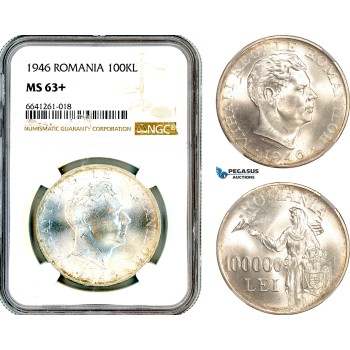AL672, Romania, Mihai I, 100000 Lei 1946, Bucharest Mint, Silver, NGC MS63+