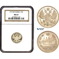 AL678, Russia, Nicholas II, 15 Kopeks 1915 BC, St. Petersburg Mint, Silver, NGC MS67