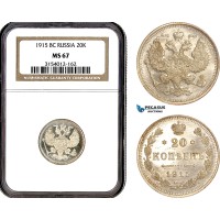 AL681, Russia, Nicholas II, 20 Kopeks 1915 BC, St. Petersburg Mint, Silver, NGC MS67
