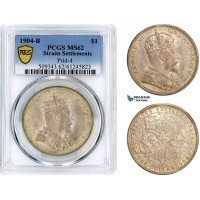 AL687, Straits Settlements, Edward VII, 1 Dollar 1904 B, Bombay Mint, Silver, PCGS MS62