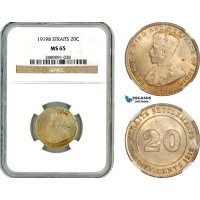 AL688, Straits Settlements, George V, 20 Cents 1919 B, Bombay Mint, Silver, NGC MS65