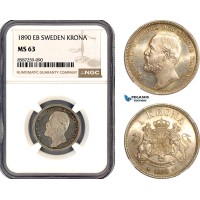 AL691, Sweden, Oscar II, 1 Krona 1890 EB, Stockholm Mint, Silver, NGC MS63