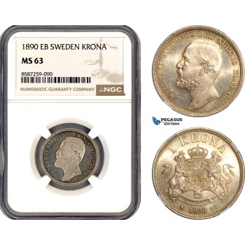 AL691, Sweden, Oscar II, 1 Krona 1890 EB, Stockholm Mint, Silver, NGC MS63