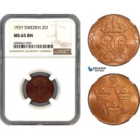AL692, Sweden, Gustaf V, 2 Ore 1937, Stockholm Mint, NGC MS65BN