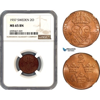 AL692, Sweden, Gustaf V, 2 Ore 1937, Stockholm Mint, NGC MS65BN