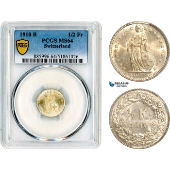 AL694, Switzerland, 1/2 Franc 1910 B, Bern Mint, Silver, PCGS MS64