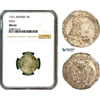 AL696, Austria, Charles VI, 3 Kreuzer 1731, Hall Mint, Silver, NGC MS62