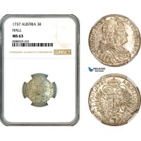 AL697, Austria, Charles VI, 3 Kreuzer 1737, Hall Mint, Silver, NGC MS63, Top Pop, Single finest graded!