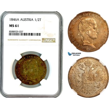 AL699, Austria, Ferdinand I, 1/2 Taler 1846 A, Vienna Mint, Silver, NGC MS61