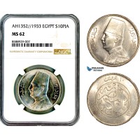 AL700, Egypt, Fuad, 10 Piastres AH1352//1933, London Mint, Silver, NGC MS62