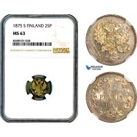 AL701, Finland, Alexander II of Russia, 25 Pennia 1875, Helsinki Mint, Silver, NGC MS63
