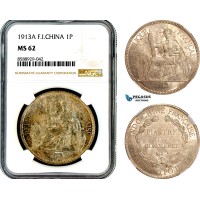AL702, French Indo-China, 1 Piastre 1913 A, Paris Mint, Silver, NGC MS62