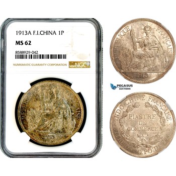 AL702, French Indo-China, 1 Piastre 1913 A, Paris Mint, Silver, NGC MS62