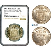 AL704, Germany, Brunswick-Wolfenbuttel, Karl II Wilhelm Ferdinand, 16 Groschen 1795 MC, Silver, NGC MS64, Top Pop, Single finest!