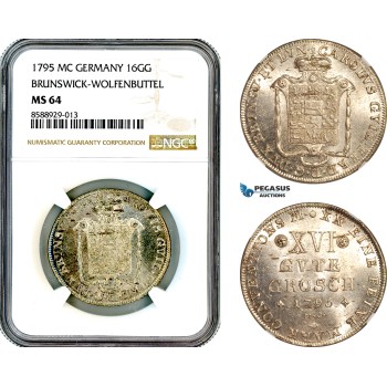AL704, Germany, Brunswick-Wolfenbuttel, Karl II Wilhelm Ferdinand, 16 Groschen 1795 MC, Silver, NGC MS64, Top Pop, Single finest!
