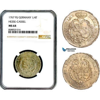 AL705, Germany, Hesse-Cassel, Friedrich II, 1/4 Reichsthaler 1767 FU, Silver, NGC MS64