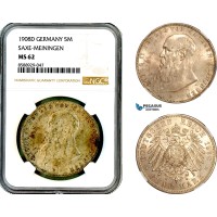 AL706, Germany, Saxe-Meiningen, Georg II, 5 Mark 1908 D, Munich Mint, Silver, NGC MS62