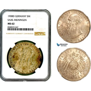 AL706, Germany, Saxe-Meiningen, Georg II, 5 Mark 1908 D, Munich Mint, Silver, NGC MS62