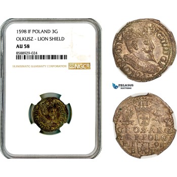 AL710, Poland, Sigismund III, 3 Groschen (Trojak) 1598 IF, Olkusz Mint, Lion Shield, Silver, NGC AU58