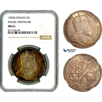 AL711, Straits Settlements, Edward VII, 1 Dollar 1903 B, Bombay Mint, "Incuse Mintmark", Silver, NGC MS61