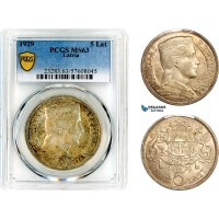 AL712, Latvia, 5 Lati 1929, London Mint, Silver, PCGS MS63