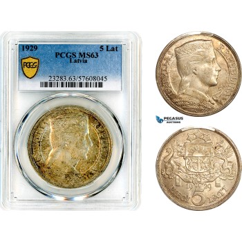 AL712, Latvia, 5 Lati 1929, London Mint, Silver, PCGS MS63