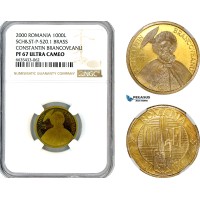 AL714, Romania, Pattern 1000 Lei 2000, Bucharest Mint, Brass, Sch&St-P-520-1, NGC PF67 Ultra Cameo