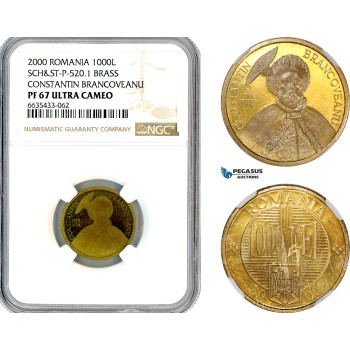 AL714, Romania, Pattern 1000 Lei 2000, Bucharest Mint, Brass, Sch&St-P-520-1, NGC PF67 Ultra Cameo