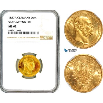 AL717, Germany, Saxe-Altenburg, Ernst I, 20 Marks 1887 A, Berlin Mint, Gold, NGC MS62