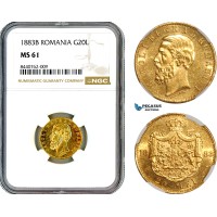 AL718, Romania, Carol I, 20 Lei 1883 B, Bucharest Mint, Gold, NGC MS61