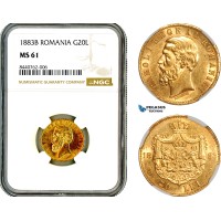 AL719, Romania, Carol I, 20 Lei 1883 B, Bucharest Mint, Gold, NGC MS61