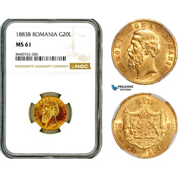 AL719, Romania, Carol I, 20 Lei 1883 B, Bucharest Mint, Gold, NGC MS61