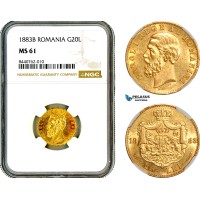 AL720, Romania, Carol I, 20 Lei 1883 B, Bucharest Mint, Gold, NGC MS61