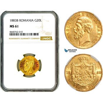 AL720, Romania, Carol I, 20 Lei 1883 B, Bucharest Mint, Gold, NGC MS61