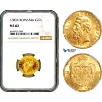 AL721, Romania, Carol I, 20 Lei 1883 B, Bucharest Mint, Gold, NGC MS62