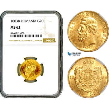 AL721, Romania, Carol I, 20 Lei 1883 B, Bucharest Mint, Gold, NGC MS62