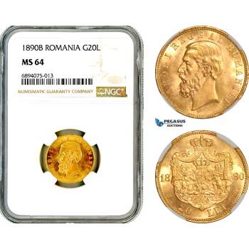 AL722, Romania, Carol I, 20 Lei 1890 B, Bucharest Mint, Gold, NGC MS64