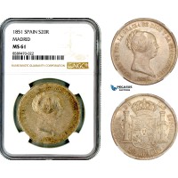AL723, Spain, Isabella II, 20 Reales 1851, Madrid Mint, Silver, NGC MS61