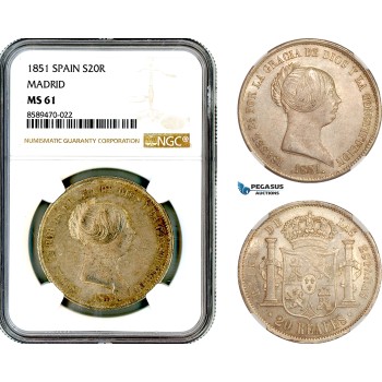 AL723, Spain, Isabella II, 20 Reales 1851, Madrid Mint, Silver, NGC MS61