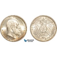 AL730, Germany, Wuerttemberg, Wilhelm II, 3 Mark 1913 F, Stuttgart Mint, Silver, Lightly cleaned, UNC