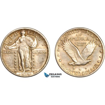 AL733, United States, Standing Liberty Quarter Dollar (25C) 1918 D, Denver Mint, Silver, Lightly cleaned, AU AL733, United States, Standing Liberty Quarter Dollar (25C) 1918 D, Denver Mint, Silver, Lightly cleaned, AU
