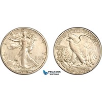 AL734, United States, Walking Liberty Half Dollar (50C) 1918 S, San Francisco Mint, Silver, Lightly cleaned, XF-AU AL734, United States, Walking Liberty Half Dollar (50C) 1918 S, San Francisco Mint, Silver, Lightly cleaned, XF-AU