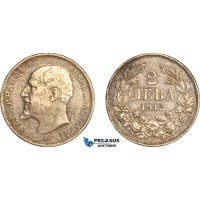 AL740, Bulgaria, Ferdinand I, 2 Leva 1912, Kremnitz Mint, Silver, Cleaned, XF-AU AL740, Bulgaria, Ferdinand I, 2 Leva 1912, Kremnitz Mint, Silver, Cleaned, XF-AU