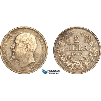 AL740, Bulgaria, Ferdinand I, 2 Leva 1912, Kremnitz Mint, Silver, Cleaned, XF-AU AL740, Bulgaria, Ferdinand I, 2 Leva 1912, Kremnitz Mint, Silver, Cleaned, XF-AU