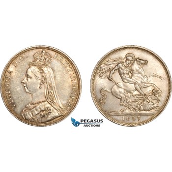 AL743, Great Britain, Victoria, Crown 1887 (Jubilee Head) London Mint, Silver, Lightly cleaned, AU