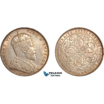 AL752, Straits Settlements, Edward VII, 1 Dollar 1907, London Mint, Silver, Lightly cleaned, AU-UNC