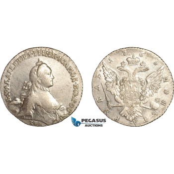 AL767, Russia, Catherine II, Rouble 1765 СПБ ЯI, St. Petersburg Mint, Silver (22.7g) Cleaned, XF-AU