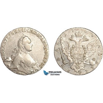 AL768, Russia, Catherine II, Rouble 1765 СПБ ЯI, St. Petersburg Mint, Silver (24.7g) Cleaned, XF-AU