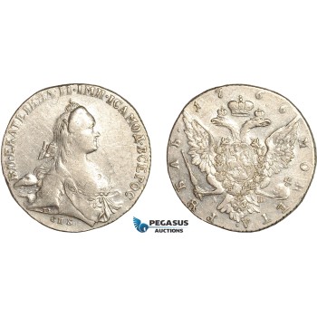 AL769, Russia, Catherine II, Rouble 1766 СПБ АШ, St. Petersburg Mint, Silver (23.5g) Minor scratch, Cleaned, XF-AU