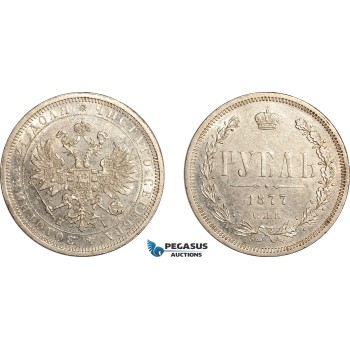 AL776, Russia, Alexander II, Rouble 1877 СПБ НІ, St. Petersburg Mint, Silver, Cleaned, AU-UNC